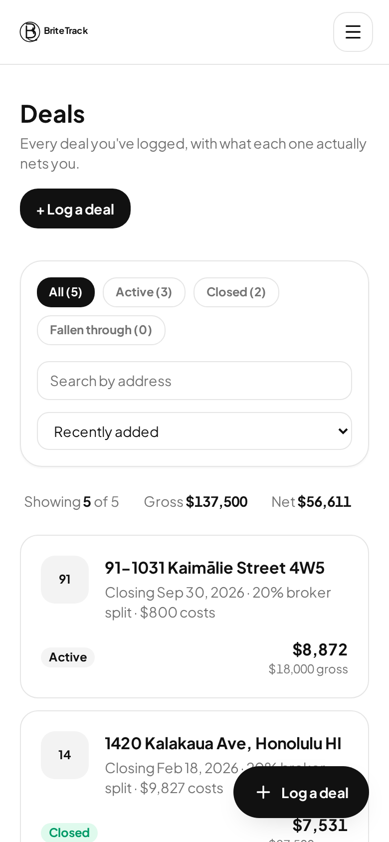 BriteTrack deals list on a phone showing each closed deal with gross commission and net take-home